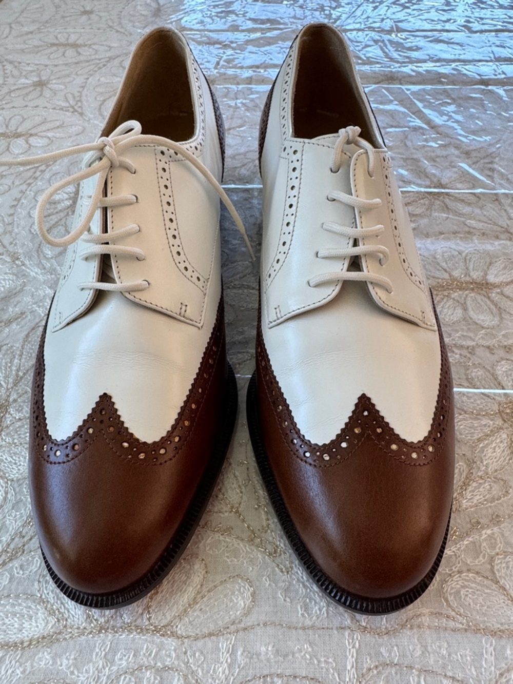 Salvatore Ferragamo Two-Tone White and Brown Brogue Oxfords
